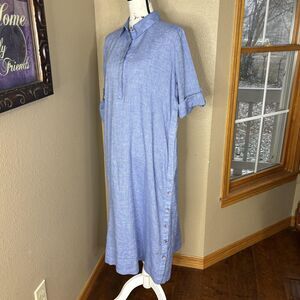 Chico's Shirt Dress Womens 12 Blue Linen Blend Midi Side Button Roll Tab